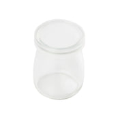 A small, clear single-serve jar with a matching glass lid, viewed from above on a white background. The jar is empty and has smooth, rounded sides with no visible markings or labels.