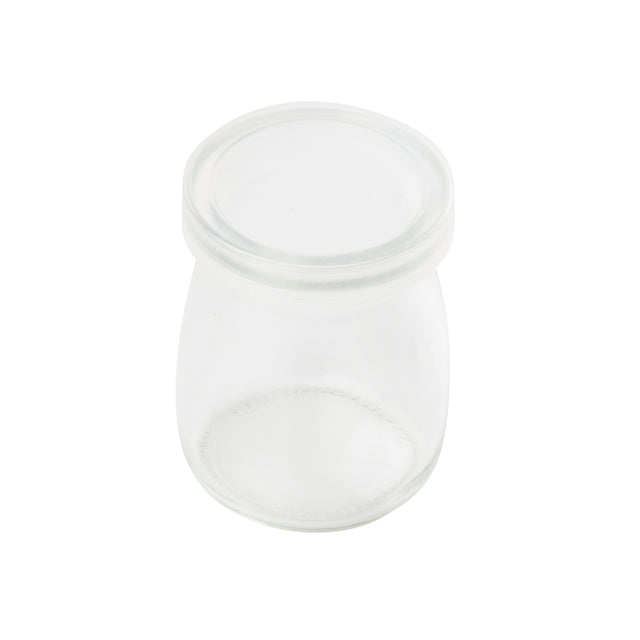 A small, clear single-serve jar with a matching glass lid, viewed from above on a white background. The jar is empty and has smooth, rounded sides with no visible markings or labels.