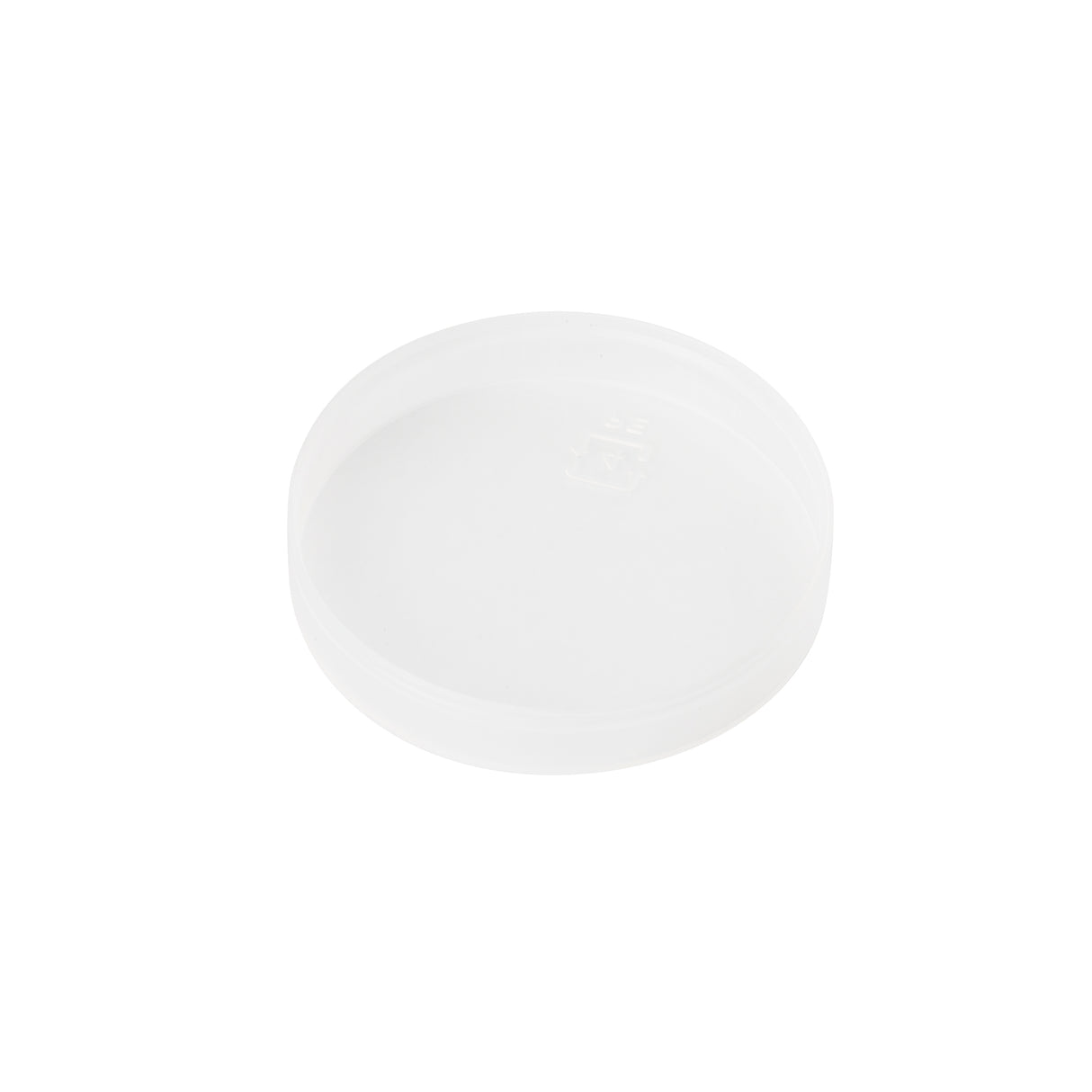 A clear, round plastic petri dish lid is shown on a plain white background. This TableCraft SGJ4 replacement lid is slightly translucent, with smooth edges and a flat top, appearing unused, clean, and dishwasher safe.