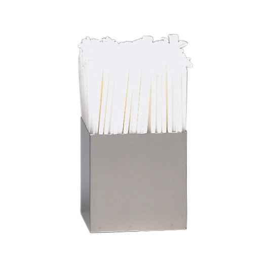 A square, stainless steel dispenser holds a bundle of upright white paper napkins. The napkins are neatly packed and fan out slightly at the top. The plain white background emphasizes the clean, simple design reminiscent of a straw holder.