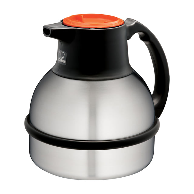 A stainless steel carafe with a black handle and lid, featuring an orange push-button top. Designed for superior heat retention, this decaf coffee carafe keeps beverages hot or cold. The carafe has a wide body and spout, set against a plain white background.
