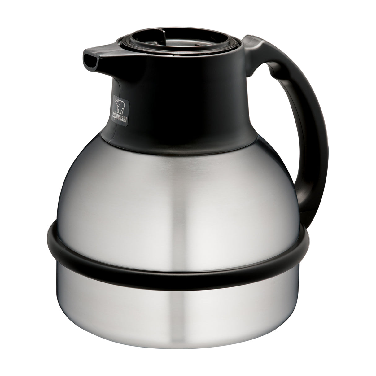 A stainless steel coffee carafe with a black plastic lid and handle. The rounded carafe features excellent heat retention, a shiny metallic finish with a black ring near the base, and a small logo on the upper part.