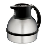 A stainless steel coffee carafe with a black plastic lid and handle. The rounded carafe features excellent heat retention, a shiny metallic finish with a black ring near the base, and a small logo on the upper part.