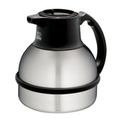 A stainless steel coffee carafe with a black plastic lid and handle. The rounded carafe features excellent heat retention, a shiny metallic finish with a black ring near the base, and a small logo on the upper part.