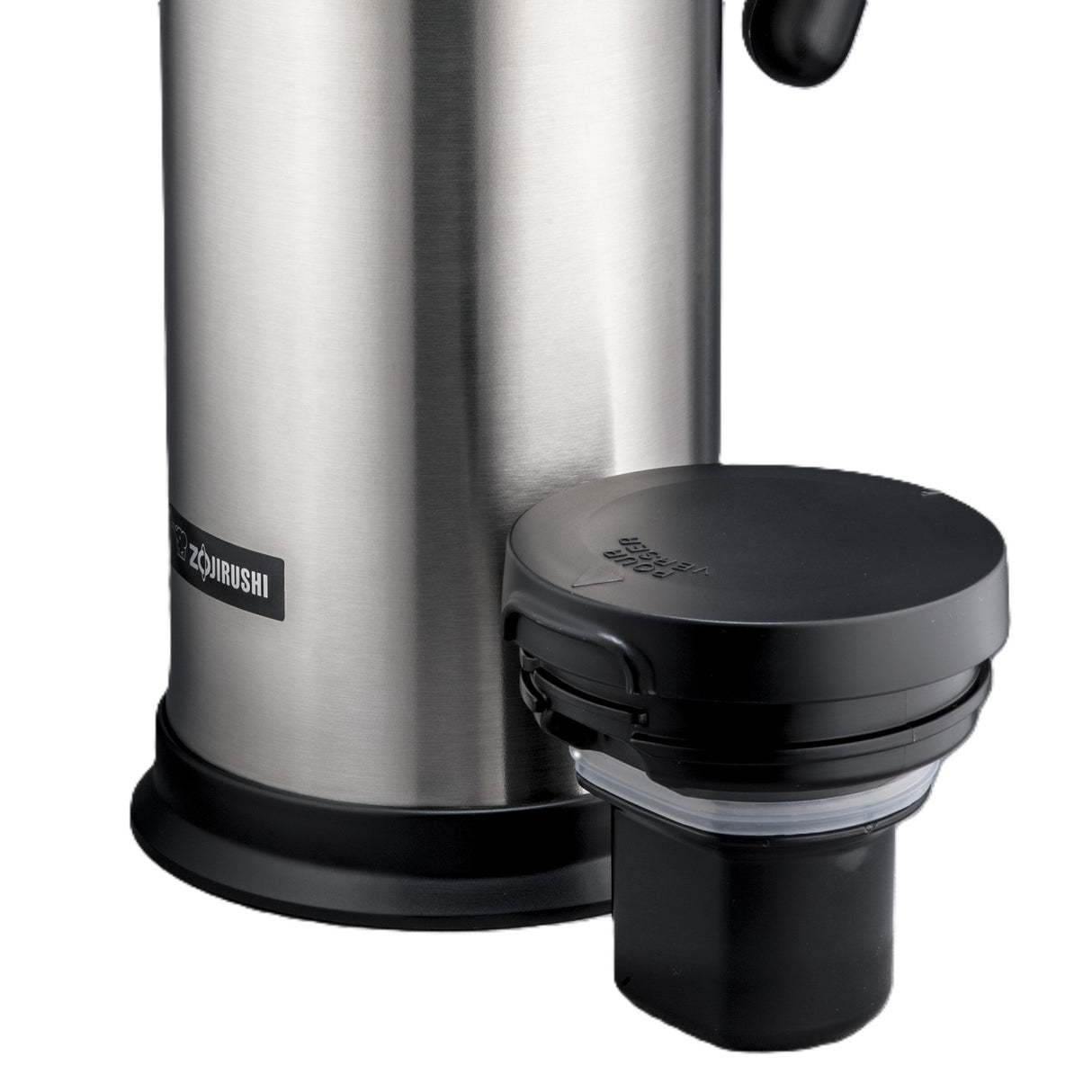 A stainless steel thermos with vacuum insulation and a detached black plastic lid sits upright. The lid rests in front, showing its threading and pouring mechanism. A small Zojirushi logo appears near the base of this sleek beverage server.