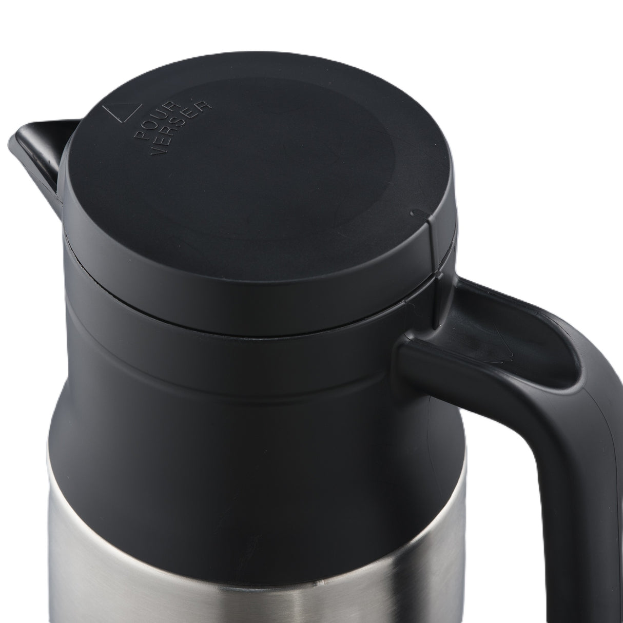 A stainless steel beverage server with vacuum insulation features a black plastic lid and handle. The lid has a small spout and the word “POUR” with an arrow, indicating the direction. The carafe is viewed from a slightly elevated angle.