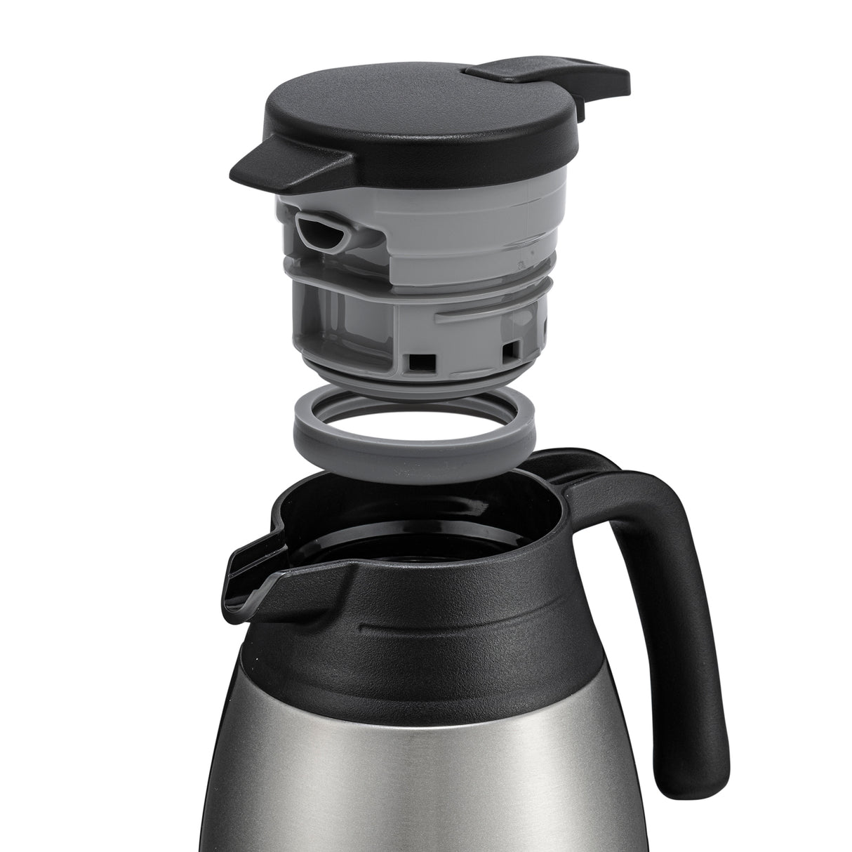 A stainless steel beverage server with a black handle and open mouth. Above the carafe, a gray and black lid and gray sealing ring are separated, illustrating assembly or cleaning. Designed for optimal heat retention. Background is white.