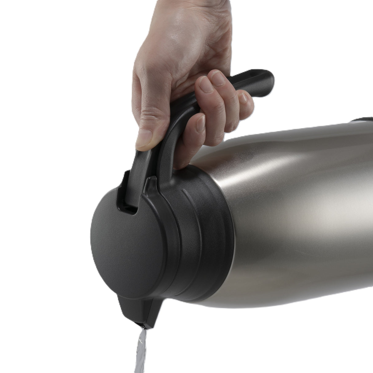 A hand grips the black handle of a large, stainless steel thermos and tilts it to pour water from its spout. The plain white background highlights the thermos’s heat retention and the action of pouring.