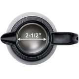 A top-down view of a stainless steel beverage server or insulated bottle, showing its open mouth with a black handle on the right. Inside, a white arrow and the text 2-1/2” indicate the bottle’s mouth diameter for optimal heat retention.