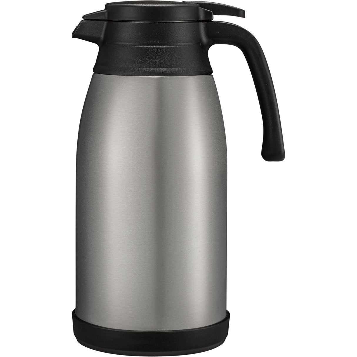 A stainless steel beverage server with a black plastic handle, lid, and base. This sleek, cylindrical carafe offers excellent heat retention and features a spout on the lid for easy pouring of hot or cold drinks.