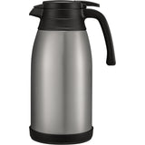 A stainless steel beverage server with a black plastic handle, lid, and base. This sleek, cylindrical carafe offers excellent heat retention and features a spout on the lid for easy pouring of hot or cold drinks.