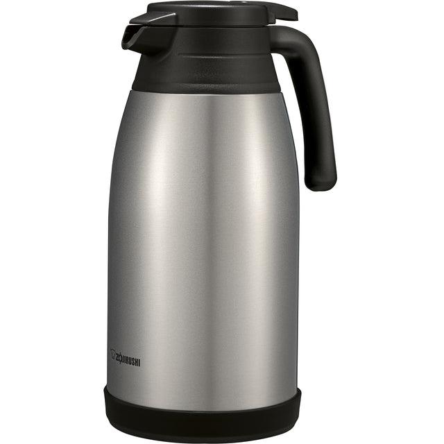 A stainless steel beverage server with a black plastic handle and lid. The sleek, cylindrical body features the “Zojirushi” logo and is expertly crafted for superior heat retention to keep drinks hot or cold for hours.