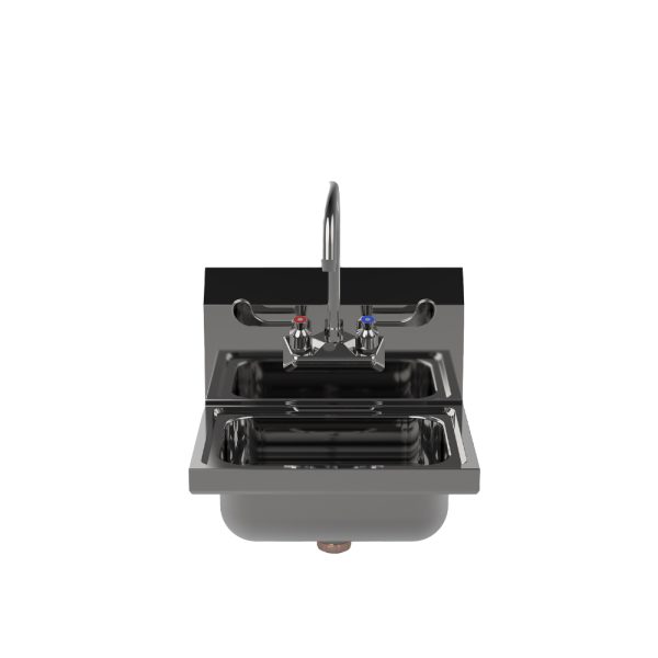 A stainless steel wall-mount hand sink with a tall curved faucet, separate hot and cold water handles, and a black backsplash. The rectangular basin features an under-mount drain, shown from the front against a white background.