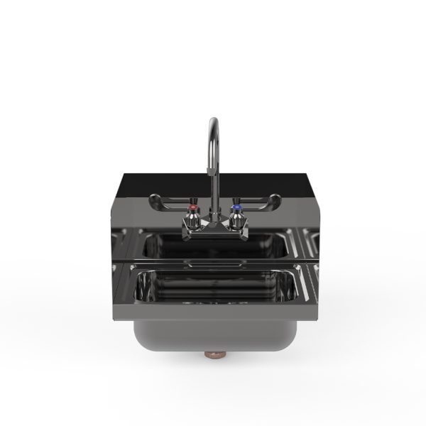 A stainless steel wall-mount hand sink with two deep basins, a high-arched central faucet, and separate hot (red) and cold (blue) water handles. The sink is isolated on a white background, viewed from the front.