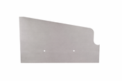 A flat, metallic panel with a brushed finish, this commercial fryer accessory features two circular holes and a unique shape: one edge is angled, and the top right corner has a rounded cut-out. The background is plain white.