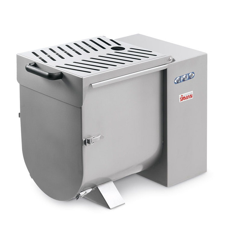 A stainless steel floor model Meat Mixer with a rectangular body, vented lid, side handle, and angled legs for stability. Three blue buttons and a red “Sirman” logo are on the right, highlighting its sleek, industrial, and functional design.