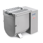A stainless steel floor model Meat Mixer with a rectangular body, vented lid, side handle, and angled legs for stability. Three blue buttons and a red “Sirman” logo are on the right, highlighting its sleek, industrial, and functional design.