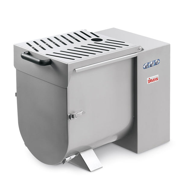 A stainless steel floor model Meat Mixer with a rectangular body, vented lid, side handle, and angled legs for stability. Three blue buttons and a red “Sirman” logo are on the right, highlighting its sleek, industrial, and functional design.