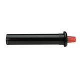 A black cylindrical cup dispenser with a red nozzle at one end, shown horizontally against a white background. The body is smooth and mostly featureless, except for a flange near the red nozzle for installation.