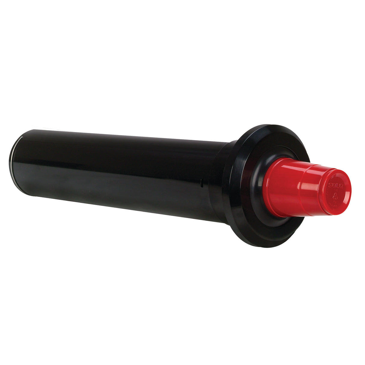 A black cylindrical Cup Dispenser tube with a wide rim and a bright red cap at one end, placed horizontally on a white background. The labeled red cap contrasts with the glossy black body of this Dispense-Rite SLR-1F dispenser.