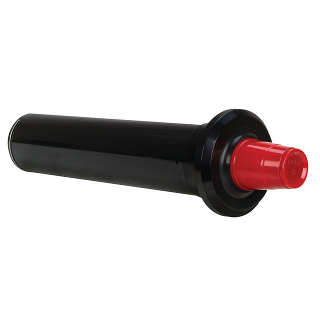 A black cylindrical Cup Dispenser tube with a wide rim and a bright red cap at one end, placed horizontally on a white background. The labeled red cap contrasts with the glossy black body of this Dispense-Rite SLR-1F dispenser.