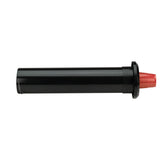 A black plastic cylindrical Perfect-Fit sprinkler body with a red nozzle on one end, lying horizontally against a white background. The smooth, shiny casing features a flanged ring near the nozzle for easy installation.