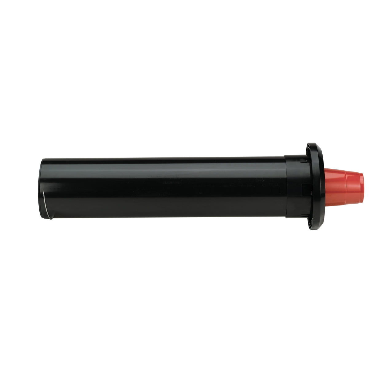 A black cylindrical sprinkler head with a red nozzle tip, shown horizontally on a white background. Its smooth plastic surface and flange near the nozzle end resemble features of an in-counter cup dispenser with Perfect-Fit silicone gasket system.