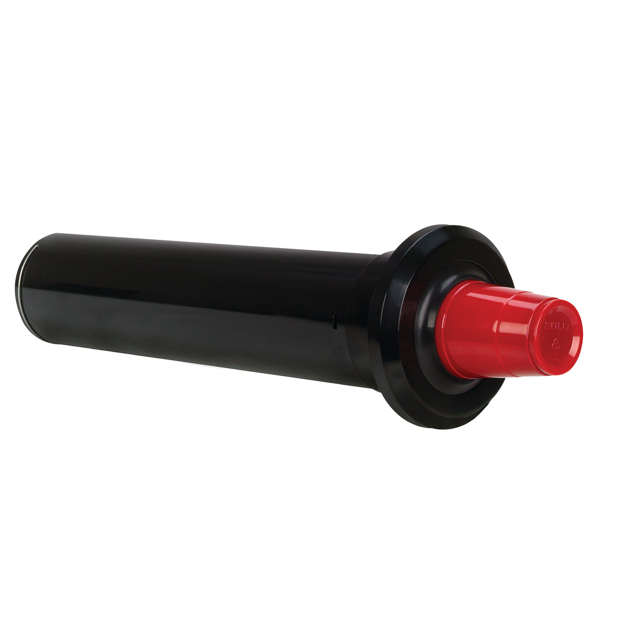 A large black cylindrical cup dispenser with a wide flange near one end, featuring a protruding red cap on the right side; includes an interchangeable silicone baffle. The background is plain white.