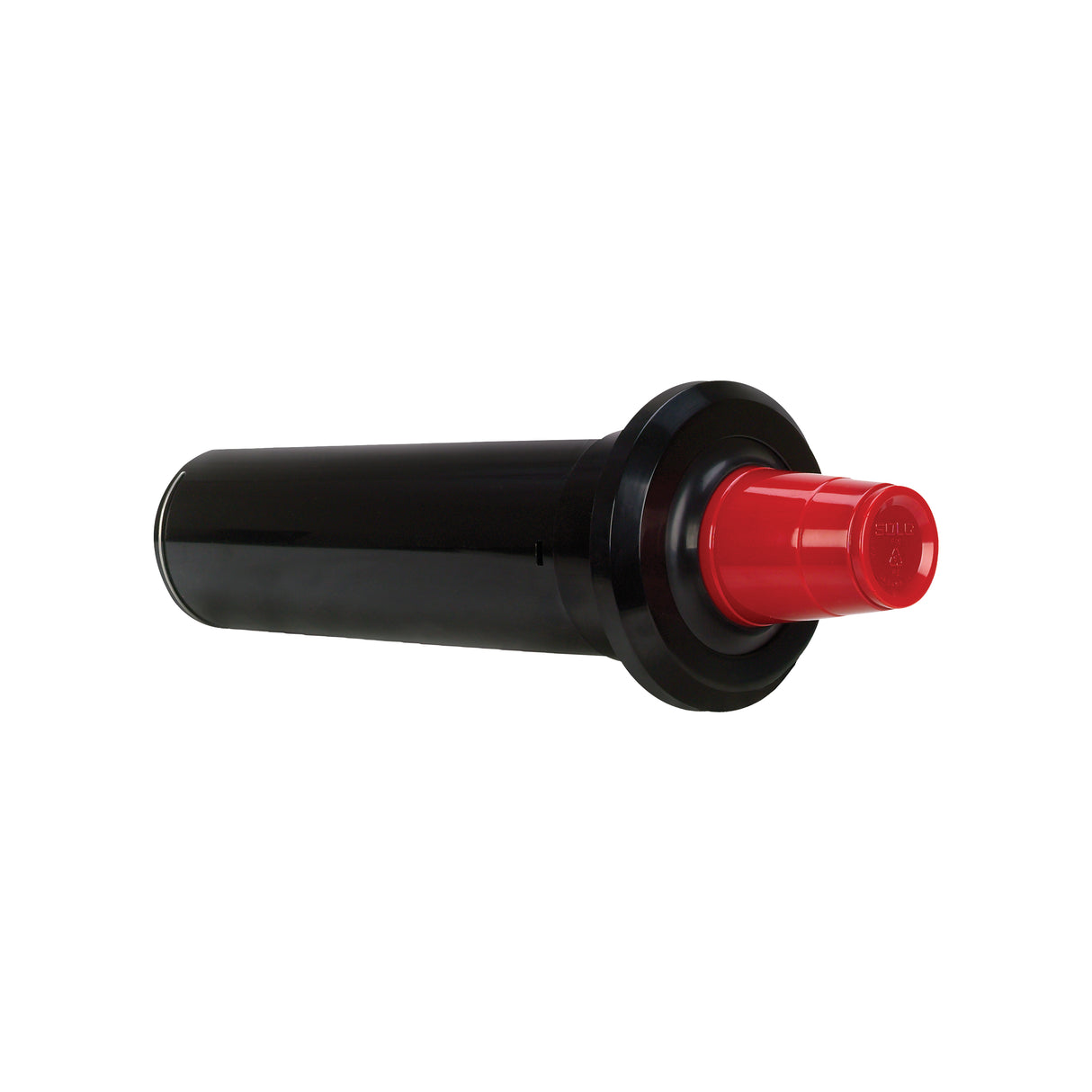 A black cylindrical Cup dispenser with a flared rim and a red Perfect-Fit nozzle at one end, designed for in-counter installation, lies horizontally on a white background. The red component fits securely into the black body.