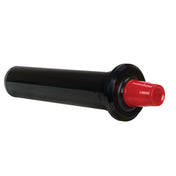 A large black plastic roll with a glossy finish, featuring a wide cylindrical shape and a circular flange at one end—ideal for use in an in-counter cup dispenser. The red plastic cap at the end contrasts with the sleek black surface.