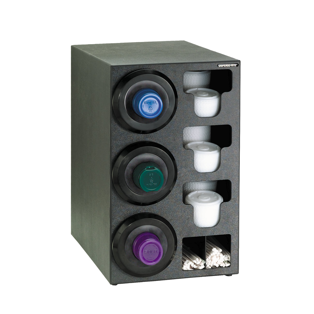 A black cup dispensing cabinet holds three stacks of coffee cup lids, four rows of white disposable creamer cups, and two compartments at the bottom for wooden coffee stirrers. The rectangular unit features a textured finish and a practical straw organizer.