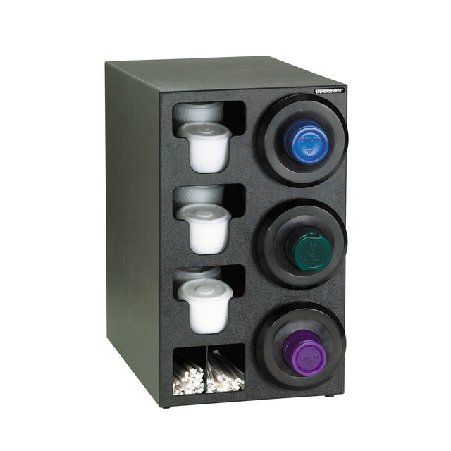 A compact black polystyrene cup dispensing cabinet holds three large coffee creamer lids—blue, green, and purple—on the right with matching stacked cups on the left. Two bottom compartments organize white stir sticks and additional cups.