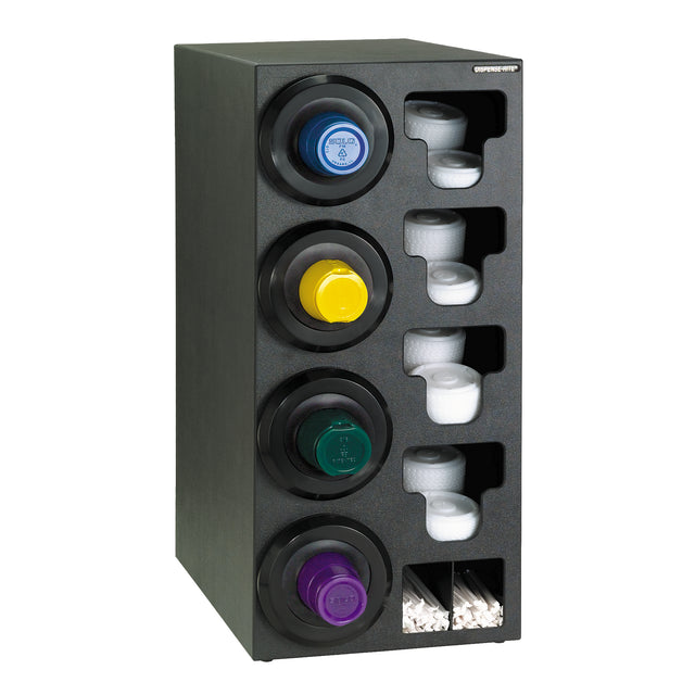 A black rectangular NSF condiment organizer with four rows, each featuring colored syrup pumps (blue, yellow, green, purple) on the left and two clear plastic cups from the Cup Dispensing Cabinet on the right. Bottom row includes bins of white stir sticks.