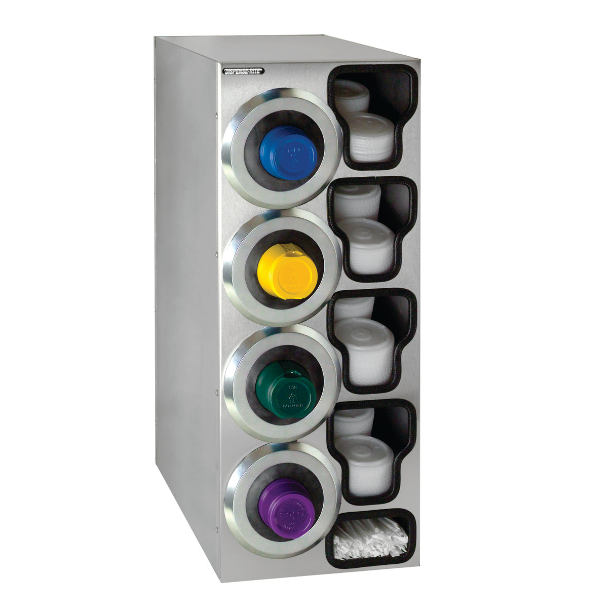 A stainless steel cup dispenser holds five stacks of colorful plastic lids on the left, with five vertical NSF cup dispensers for matching white cups, and one bottom slot with white stir sticks.