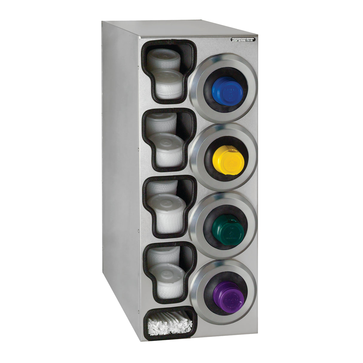 A stainless steel cup dispenser with five circular compartments, each holding a different colored plastic lid above matching stacks of clear plastic cups. The bottom left compartment of this NSF cup dispenser contains white plastic stirrers.