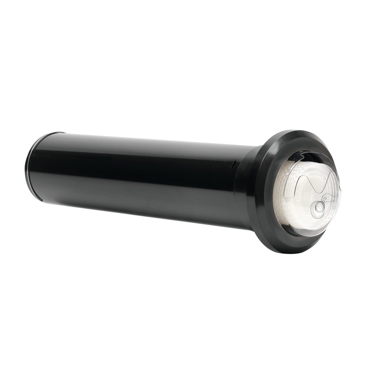 A black cylindrical lid dispenser with a transparent, circular end cap revealing internal components. The wavy line design on the cap hints at its use for cold beverage lids. Positioned on a white background, its slightly angled forward.