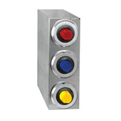 A stainless steel cup dispenser box featuring three large circular buttons—red, blue, and yellow—stacked vertically on its front panel. Ideal for use as a cup dispensing cabinet for paper, plastic, or foam cups. Photographed against a white background.