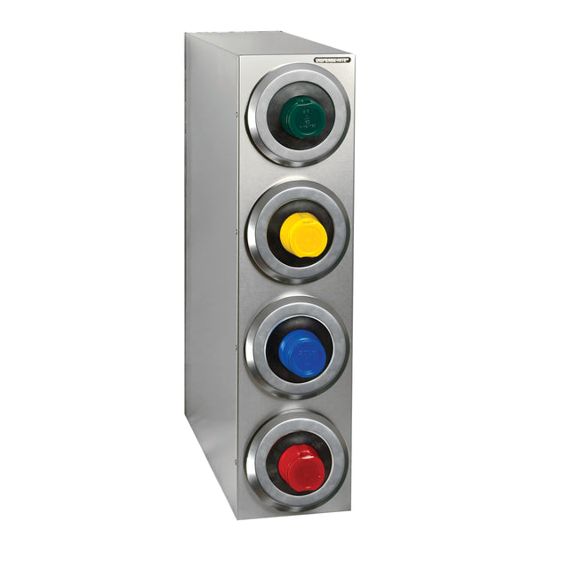 A stainless steel cup dispenser unit with five circular compartments, each holding a different colored round lid—green, yellow, blue, red, and black. The SLR-R-4SS is ideal for organizing or dispensing items such as lids or caps.