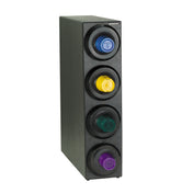 A sleek black cup dispensing cabinet holds five stacked round lids—blue, light blue, yellow, green, and purple—with matching circular labels. This organized unit features an interchangeable gasket for seamless NSF cup dispensers compatibility.