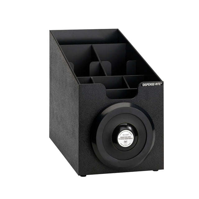 A black, rectangular cup dispensing cabinet with multiple angled compartments for holding items. The front features a circular cup dispenser with a white button labeled “DISPENSE-RITE,” and sturdy, textured DISPOSE-RITE branding on the edge.