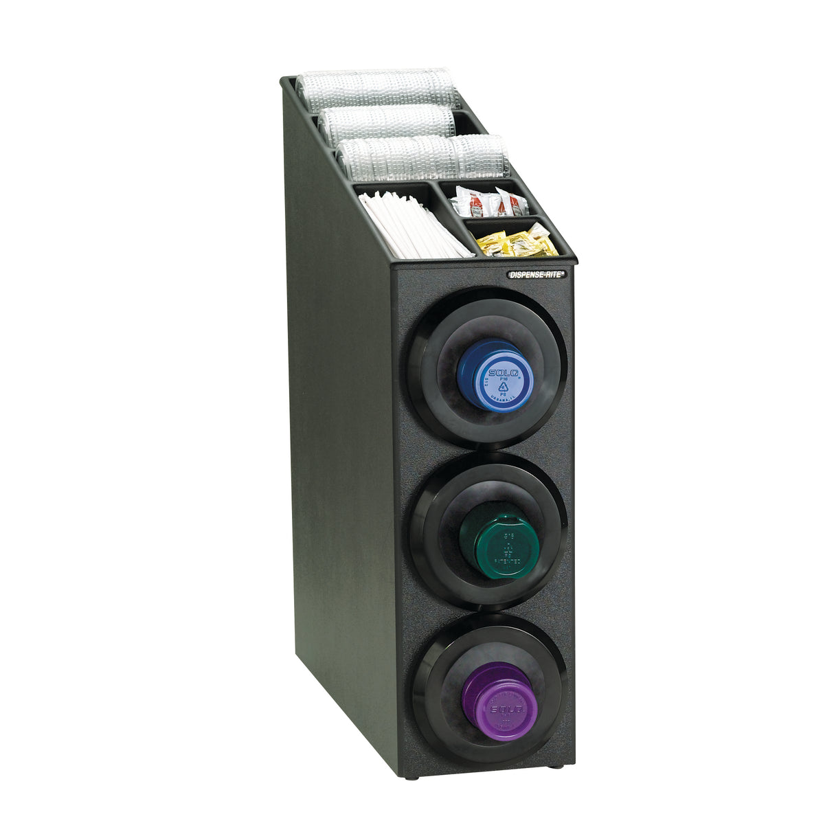 This NSF Cup Dispensing Cabinet features cup dispensers for three stacks of disposable cups with colored lids. The top section organizes white napkins, stirrers, and condiment packets in separate compartments.