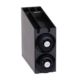 A tall, rectangular, black metal gun safe organizer with two circular combination locks on the front and three open storage compartments on the top. Features interchangeable silicone baffles for added organization and secure storage of firearms or valuables.