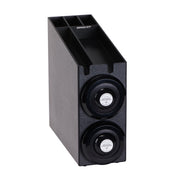 A tall, rectangular, black metal gun safe organizer with two circular combination locks on the front and three open storage compartments on the top. Features interchangeable silicone baffles for added organization and secure storage of firearms or valuables.