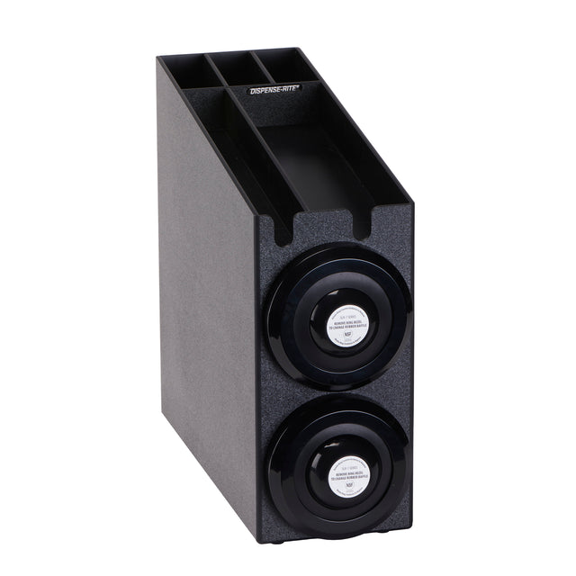 A tall, rectangular, black metal gun safe organizer with two circular combination locks on the front and three open storage compartments on the top. Features interchangeable silicone baffles for added organization and secure storage of firearms or valuables.