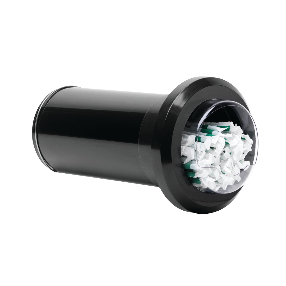 A black cylindrical straw dispenser with a wide, round opening is shown lying on its side. Inside the transparent front opening, crumpled white and green paper scraps are visible, indicating the dispenser is partially filled with trash.