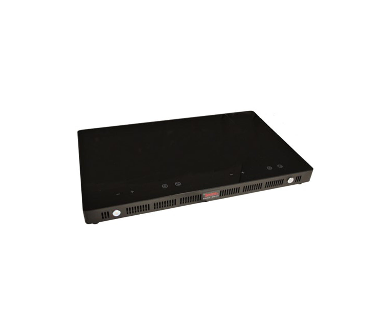 A low profile, rectangular black induction cooktop with a glossy surface features three touch control buttons on the top left. The front has vent slits and a visible logo at the center, set against a plain white background.