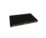 A low profile, rectangular black induction cooktop with a glossy surface features three touch control buttons on the top left. The front has vent slits and a visible logo at the center, set against a plain white background.