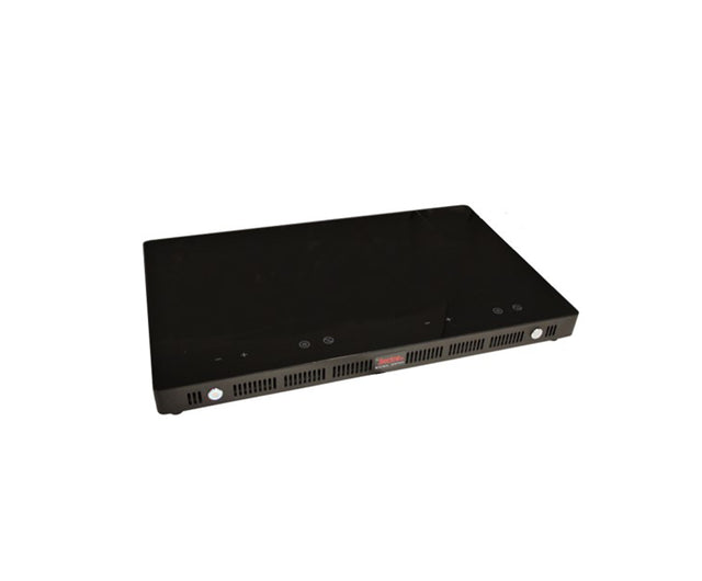 A low profile, rectangular black induction cooktop with a glossy surface features three touch control buttons on the top left. The front has vent slits and a visible logo at the center, set against a plain white background.