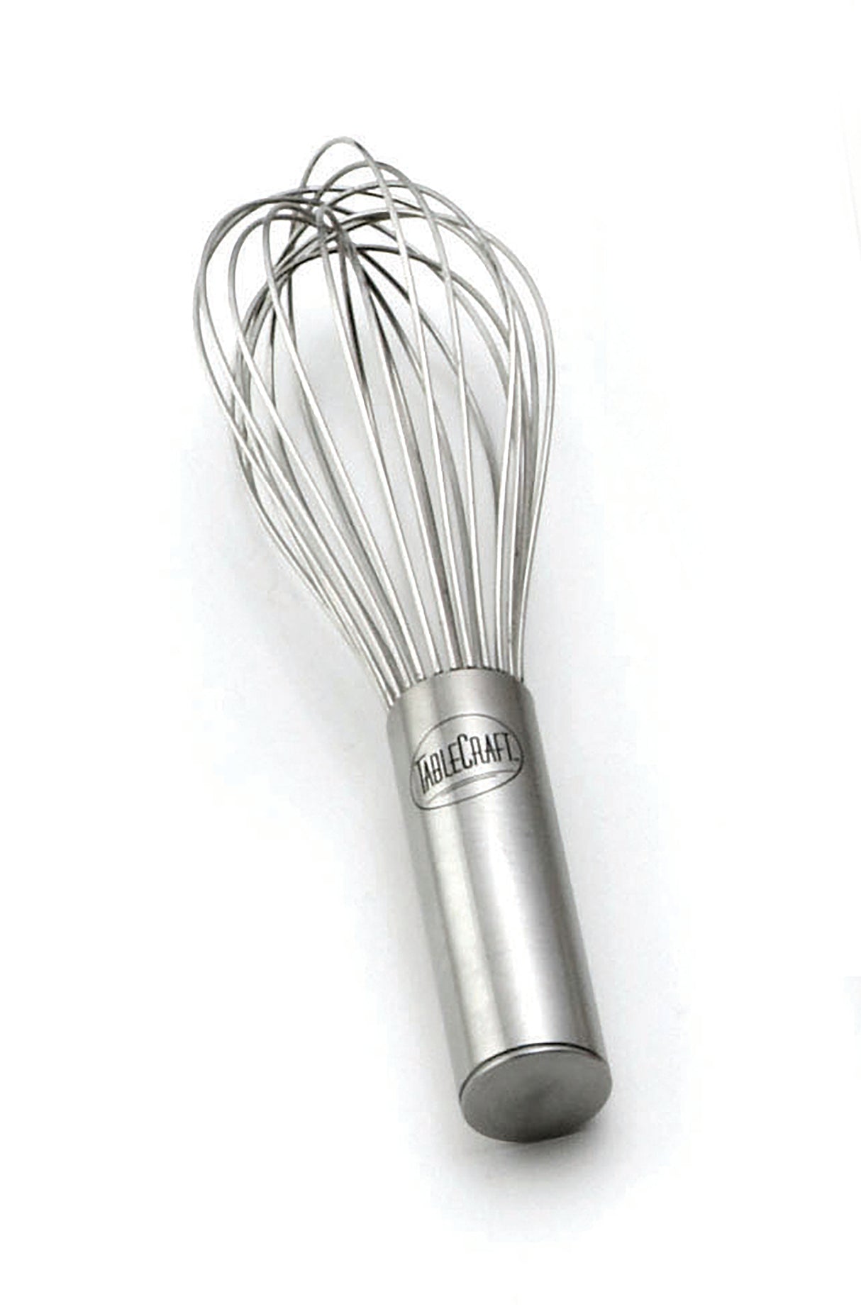 A stainless steel Piano Whip with a cylindrical handle and multiple wire loops fanned out at the top. The handle features the brand name ABLECRAFT engraved on it. This whisk, similar to TableCraft designs, is set against a plain white background.