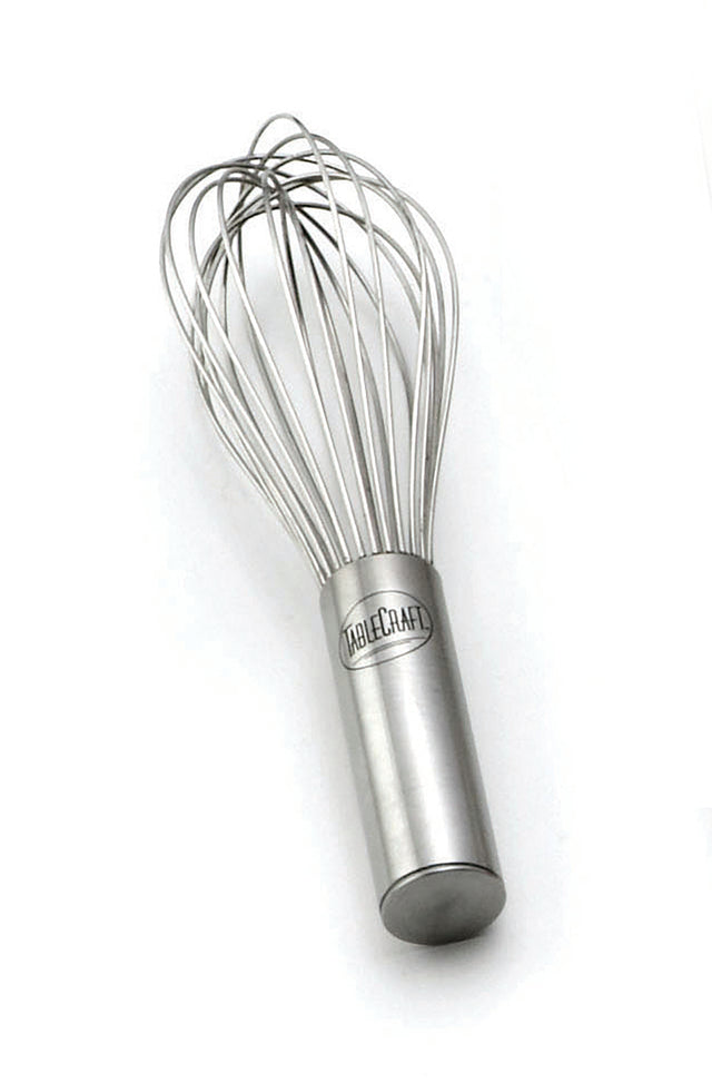 A stainless steel Piano Whip with a cylindrical handle and multiple wire loops fanned out at the top. The handle features the brand name ABLECRAFT engraved on it. This whisk, similar to TableCraft designs, is set against a plain white background.